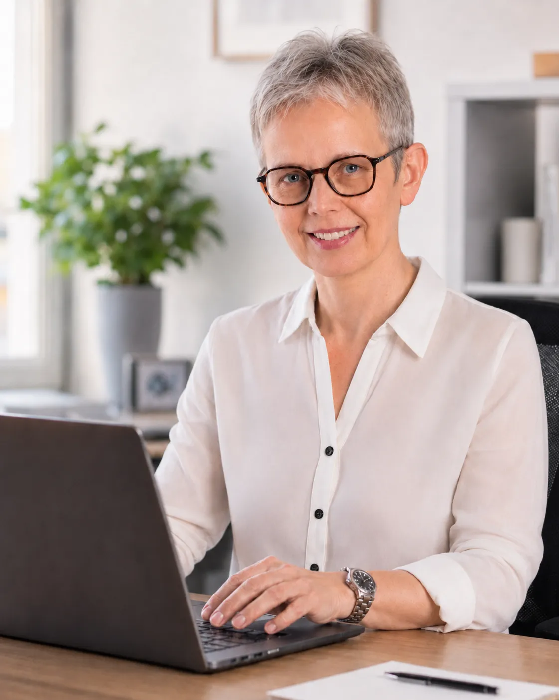 Mechthild Rölfing bei der Arbeit am Schreibtisch